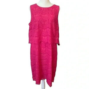 Anne Klein Sleeveless Tiered Lace MIDI Dress Size 14 Hot Pink Wedding Guest
